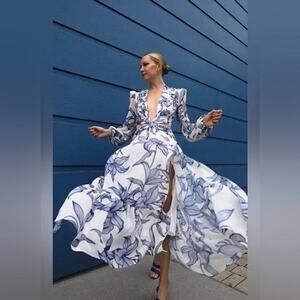 Patbo Stargazer Blue White Floral Plunge Maxi Long Sleeve Dress L